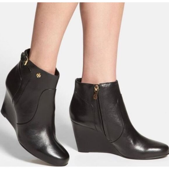 Tory Burch Milan Wedge Bootie | Black Leather Ankle Boots | Size 7 - Picture 1 of 6